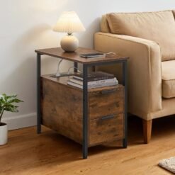 Narrow End Table with 2 Drawers, Bedside Table with Charging Station, Side Table with Storage, Brown and Black