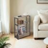 3-Tier Narrow Bedside Table, End Table for Compact Living, with Charging Station Magazine Rack, Greige