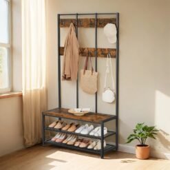 Large Hallway Coat and Shoe Rack with Bench, Brown