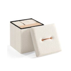 Folding Storage Ottoman 38 x 38 x 38 cm with Removable Lid Cream White