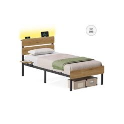 Metal bed frame with LED lights USB ports and under bed storage