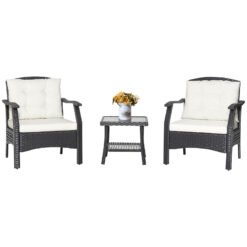 3 Pieces Garden Furniture Set with 2-Tier Tempered Glass Coffee Table