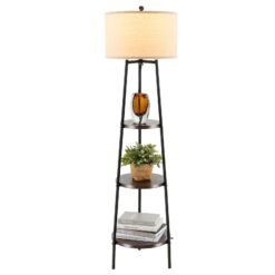 Floor Lamp with Shelves Linen Lampshad and Chain Switch