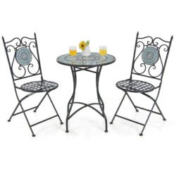 3 Pieces Patio Bistro Set Mosaic Pattern Metal Dining Set Folding