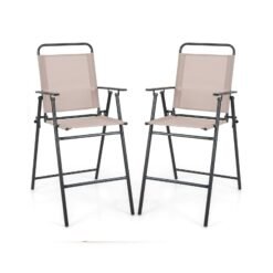 Outdoor Folding Bar Chair Set of 2 with Backrest Armrests Footrest-Beige