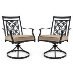 2 Pieces Outdoor Bistro Dining Chair Set Swivel Chairs with Blossom Pattern Backrest-Khaki