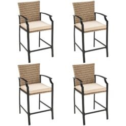 Patio Rattan Bar Stools Set of 4 with Soft Cushions High Backrest