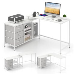 L-Shaped Computer Desk with Drawers Shelves and Charging Station-White