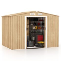 Outdoor Storage Shed with Tilted Roof, 4 Air Vents, Lockable Sliding Doors and Built-in Ramp-Natural