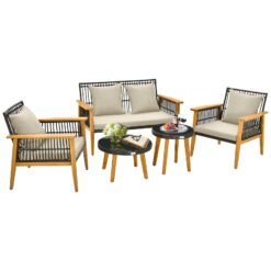 5 Pieces Outdoor Conversation Set with Acacia Wood Frame and Cushions-Brown