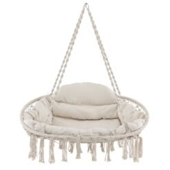 Hand-Woven Rope Hanging Chair with Thick Cushion-Beige