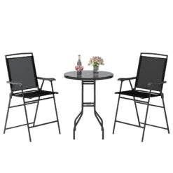 3-Piece Outdoor Bar Stool Set with DPC Tabletop and Umbrella Hole and Footrest-Black