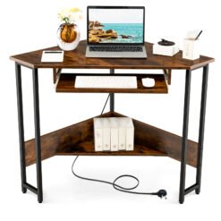 Corner Desk with Power Outlets Small Computer Desk-Rustic Brown