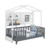 Kids Montessori Wood House Bed Bed with 2 Shelves and Guardrails-Gray & White-Single Size