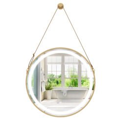 Hanging Wall Bathroom Mirror with Hanging Strap and 3 Colors LED Light-Silver