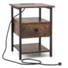 3-Tier Nightstand with Charging Station Open Shelves and Drawer-Brown