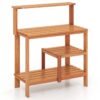 Garden Potting Bench Table with Open Shelves and Teak Oil Finish