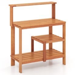 Garden Potting Bench Table with Open Shelves and Teak Oil Finish