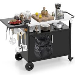 Grill Cart with Storage and Folding Stainless Steel Top-Black