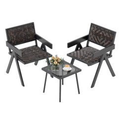 Patio Table and Chairs Set with Quick-Drying Foam for Porch and Balcony-Brown