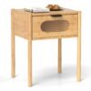 Farmhouse Bedside Table with Tempered Glass Decorated Drawer-Natural