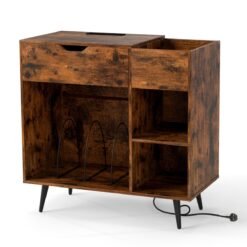 Record Player Stand with Built-In Power Strip and 3 Dividers-Rustic Brown