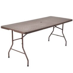 Folding Table Portable Plastic Table with Rattan Design and Umbrella Hole