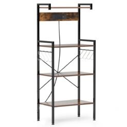 4-Tier Kitchen Bakers Rack with Power Outlet and 8 S-Hooks-Rustic Brown