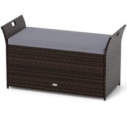 Outdoor Storage Bench with Hand-woven PE Rattan Wicker and Side Handles-Grey