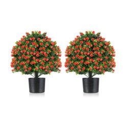 2 Pack Artificial Rose Topiary Ball Tree Faux Shrub Bushes-Red