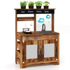 Mud Kitchen Fir Wood Play Kitchen with Planting Pots and Removable Sink-Brown