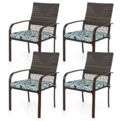 Patio Rattan Chairs Set of 4 with Wicker Back and Soft Cushions
