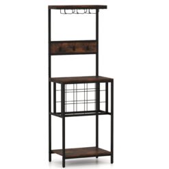 Floor Wine Bar Cabinet with Glass Racks and Wine Bottle Holders-Rustic Brown