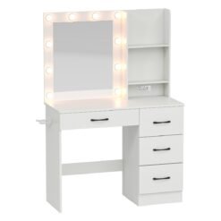 Makeup Vanity Desk Dressing Table with Mirror Lights and Charging Station-White