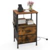 Nightstand with Charging Station with 2 Drawers and 6 Side Pockets-Rustic Brown