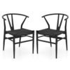 Wishbone Dining Chair Set of 2 with Y-Shaped Backrest and Woven Twine Seat-Black
