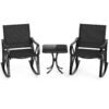 3-Piece Patio Rocking Bistro Rocker Chairs Set with Glass-Top Side Table-Black