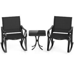 3-Piece Patio Rocking Bistro Rocker Chairs Set with Glass-Top Side Table-Black