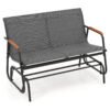 2-Person Patio Glider Bench with Curved Teak Armrests and Breathable Fabric Seat-Grey