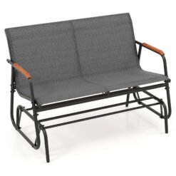 2-Person Patio Glider Bench with Curved Teak Armrests and Breathable Fabric Seat-Grey