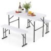 Folding Picnic Table Bench Set with Wood Grain HDPE Tabletop-White