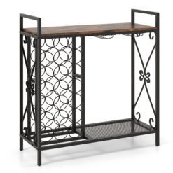 21 Bottle Wine Rack Freestanding with Glass Holder and Wooden Countertop-Rustic Brown