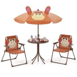 Kids Picnic Table and Chair Set with 2 Folding Chairs and Height Adjustable Umbrella-Brown