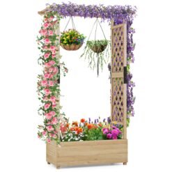 Raised Garden Bed Fir Wood Planter Box with 2-Sided Trellis and Hanging Roof-Natural