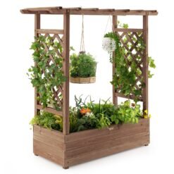Raised Garden Bed with Arch Trellis-Coffee