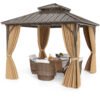 290 x 290 cm Hardtop Gazebo with Netting and Curtain and Double-Roof Metal Top-Coffee