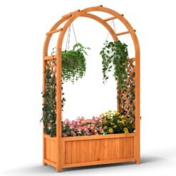 Raised Garden Bed with Arch Trellis Wood Planter Box with Liner-Brown
