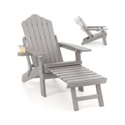 All-Weather HIPS Lounge Patio Adirondack Chair with Retractable Footrest-Grey