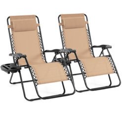 Folding Patio Recliners with Removable Headrest and Cup Holder Set of 2-Beige