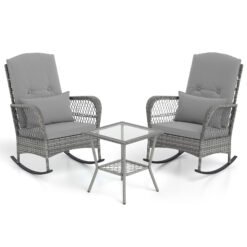 3 Piece Outdoor Rocking Chair Set with Cozy Cushions and Pillow-Grey